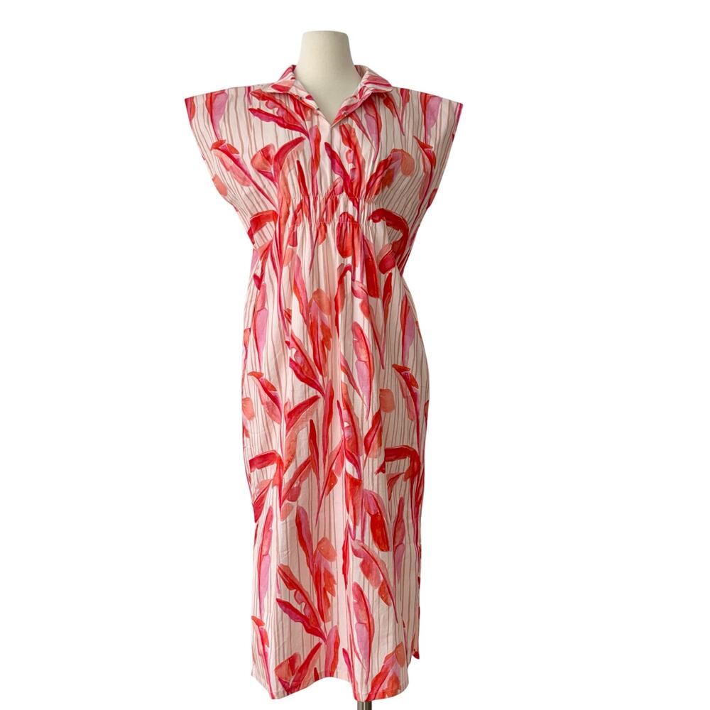 Holly Shae Design Cotton Midi Dress Kaftan Floral Pink Coral XS/M